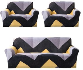 Set huse elastice pentru canapea 3 locuri si 2 fotolii, cu brate, spandex, galben / negru, HES-69