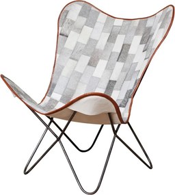 Fotoliu patchwork gri din piele de vacă cu structură din metal, „Aubrac Butterfly”