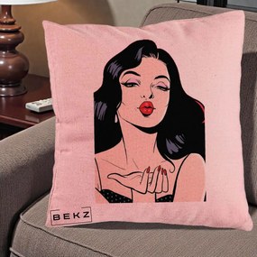 Perna Decorativa Femeie Pop-Art Kiss, 40x40 cm, Roz, Husa Detasabila, Perna Inclusa, BEKZ®