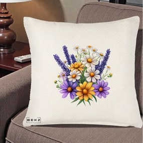 Perna Decorativa Lavanda Musetel si Flori Mov, 40x40 cm, Crem Reliefat, Husa Detasabila, Perna Inclusa, BEKZ®