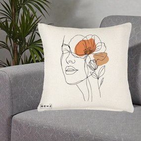 Perna Decorativa Portret Feminin Mac Profilat, 40x40 cm, Crem Reliefat, Husa Detasabila, Perna Inclusa, BEKZ®