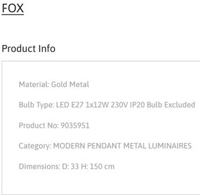 Lustra /Pendul metalic design modern FOX auriu