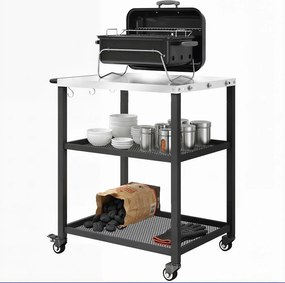 Outsunny Cărucior pentru grătar cu 3 niveluri mobil cu roți și frână Blat din oțel inoxidabil Raft reglabil Cârlige Negru | Aosom Romania