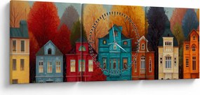 Tablou - Oraș de toamnă pictat (cu ceas) (90x30 cm)