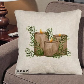 Perna Decorativa Lumanari Rustice cu Crengute Brad, 40x40 cm, Bej Canapea, Husa Detasabila, Perna Inclusa, BEKZ®