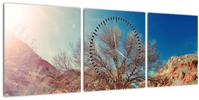 Tablou cu cu copac în deșert (cu ceas) (90x30 cm)