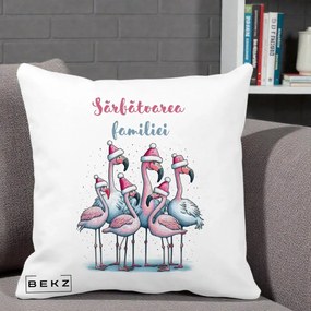Perna Decorativa Flamingo Craciun Sarbatoarea Familiei, 40x40 cm, Alba Mata, Husa Detasabila, Perna Inclusa, BEKZ®