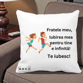 Cadou pentru Frate - Perna Personalizata Fratele Meu Te Iubesc Copii Alergand Colorat, 40x40 cm, Alba Mata, Husa Detasabila, Perna Inclusa, BEKZ®
