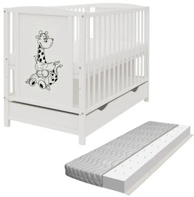 Patut din lemn masiv 120x60 cm Bria alb cu sertar si saltea antialergica cu ventilatie Air 120x60x10 cm, reglabil pe 3 nivele, certificat EN71