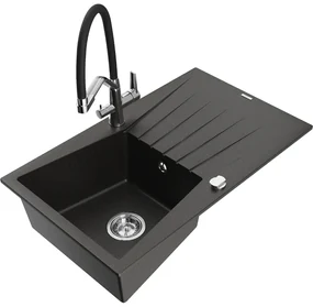 Chiuvetă de granit Mexen Cesar cu o cuvă, picurător și baterie de bucătărie Duo, negru/auriu metalic - 6514-75-671701-07