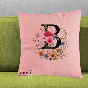 Cadou Personalizat - Perna Personalizata Monogram Litera B cu Flori Acuarela, 40x40 cm, Roz, Husa Detasabila, Perna Inclusa, BEKZ®