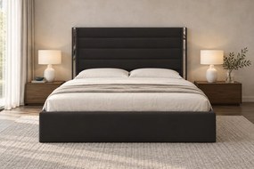 Pat tapițat din catifea Veyra 160×200 cm, negru, detalii argintii, cu ladă de depozitare