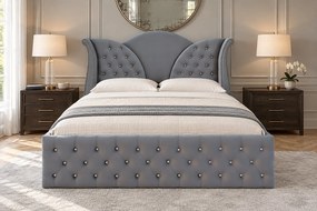 Pat tapițat Chesterfield din catifea Velora Cristal 160×200 cm, gri deschis, cu ladă de depozitare