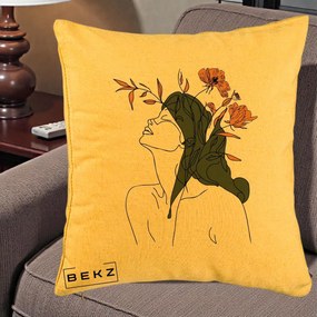 Perna Decorativa Portret Feminin Profil Flori Portocalii, 40x40 cm, Galben, Husa Detasabila, Perna Inclusa, BEKZ®