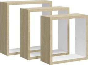 vidaXL Rafturi de perete cub, 3 buc., alb și stejar sonoma
