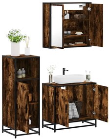 vidaXL Set mobilier de baie, 3 piese, stejar fumuriu, lemn prelucrat