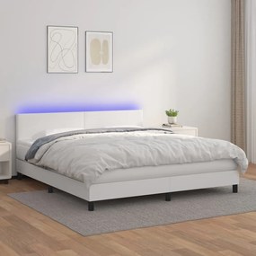 vidaXL Pat cu arcuri, saltea și LED, alb, 180x200 cm, piele ecologică