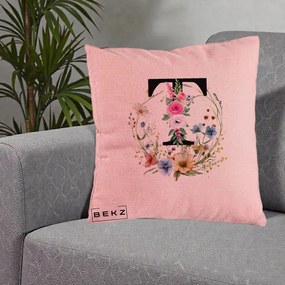 Cadou Personalizat - Perna Personalizata Monogram Litera T cu Flori Acuarela, 40x40 cm, Roz, Husa Detasabila, Perna Inclusa, BEKZ®