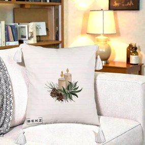 Perna Decorativa Lumanari cu Ilex si Conuri Ilustratie, 40x40 cm, Bej cu Franjuri, Husa Detasabila, Perna Inclusa, BEKZ®