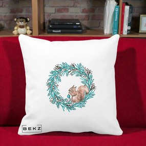 Perna Decorativa Coroana Turcoaz cu Veverita, 40x40 cm, Alba Mata, Husa Detasabila, Perna Inclusa, BEKZ®