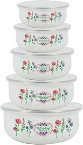 Set de 5 vase emailate cu capac pentru alimente Rosberg R51212A, Rotunde, Albe