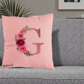 Cadou Personalizat - Perna Personalizata Monograma Rose Gold Litera G, 40x40 cm, Roz, Husa Detasabila, Perna Inclusa, BEKZ®