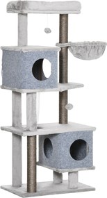 PawHut Copac de zgâriat, două căsuțe, două platforme, bilă de joacă, coș pentru odihnă, protecție anti-răsturnare, sisal, gri, 60 x 40 x 142 cm | Aosom Romania