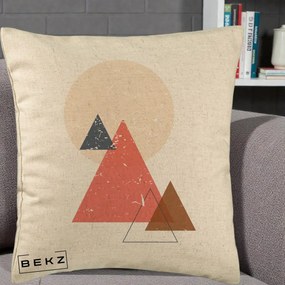 Perna Decorativa Geometric Munti si Soare, 40x40 cm, Bej, Husa Detasabila, Perna Inclusa, BEKZ®