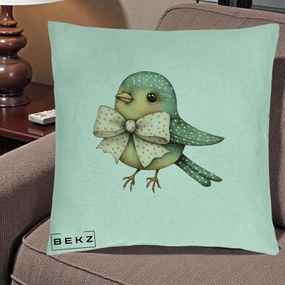 Perna Decorativa Pasare Teal cu Fundita cu Buline, 40x40 cm, Verde Menta, Husa Detasabila, Perna Inclusa, BEKZ®