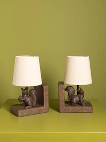 Set 2 lămpi de masă din bumbac bej, cu structură din rășină maro în formă de veveriță, finisaj patinat, 28×31×13 cm, „Squirrel"