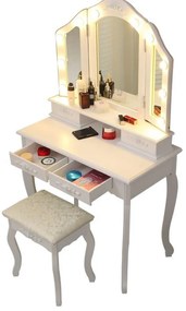 Set Anastasia, masă de toaletă cu 3 oglinzi iluminate LED, control touch, 4 sertare, scaun, Alb