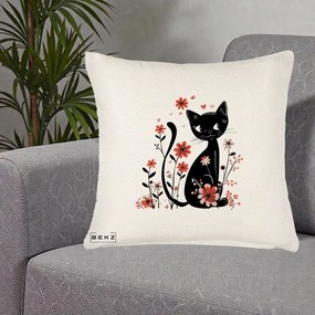 Perna Decorativa Pisica Neagra Flori Roz si Inimi, 40x40 cm, Crem Reliefat, Husa Detasabila, Perna Inclusa, BEKZ®