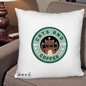 Perna Personalizata Cats and Coffee Starbucks, 40x40 cm, Alb Pufos, Husa Detasabila, Perna Inclusa, BEKZ®
