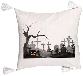 Perna Decorativa cu Franjuri cu motiv Cimitir de Halloween, 45x45 cm, Ecru, Cu fermoar