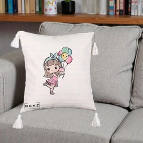 Perna Decorativa Fetita Kawaii cu Baloane si Cupcake, 40x40 cm, Bej cu Franjuri, Husa Detasabila, Perna Inclusa, BEKZ®