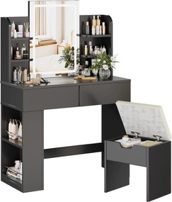 Masuta machiaj cu Oglinda LED si 2 Sertare pentru Cosmetice, Set Masa toaleta 90 cm, Alb / Negru / Roz, masuta cosmetica, vanity - SER203