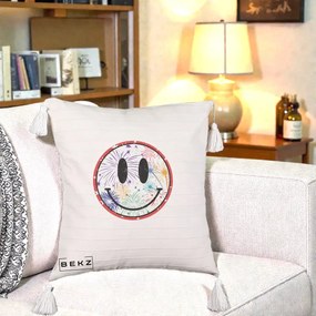 Perna Decorativa Smiley Face cu Artificii Multicolore, 40x40 cm, Bej cu Franjuri, Husa Detasabila, Perna Inclusa, BEKZ®