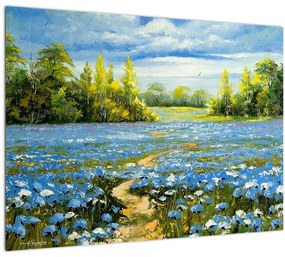 Tablou pe sticlă - Drum de câmp, pictură în ulei (70x50 cm)
