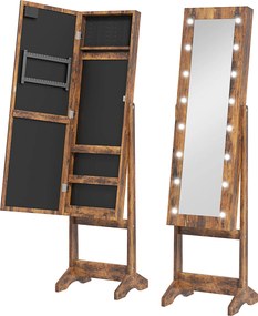 HOMCOM Dulap pentru Bijuterii cu Oglindă Reglabilă și Lumini LED 36x30x136 cm Maro Rustic | Aosom Romania