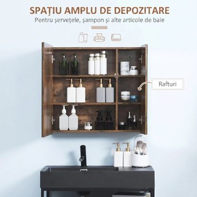 Kleankin Oglindă de Baie cu Lumini LED Reglabile, Dulap de Baie cu 2 Uși cu Oglindă și Raft Reglabil, 70x15x65 cm, Maro | Aosom Romania