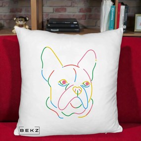 Perna Decorativa Bulldog Francez Line Art Curcubeu, 40x40 cm, Alb Pufos, Husa Detasabila, Perna Inclusa, BEKZ®