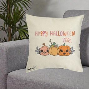 Perna Decorativa Happy Halloween Boo Trei Dovlecei Kawaii, 40x40 cm, Ecru, Husa Detasabila, Perna Inclusa, BEKZ®