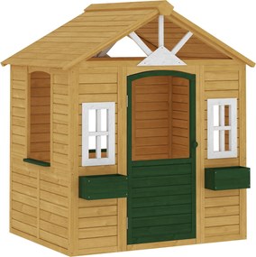 AIYAPLAY Căsuță de Grădină pentru Copii din Lemn de Molid, Căsuță de Exterior cu 3 Ferestre, 2 Jardiniere, Ușă și Acoperiș, pentru Copii 3-8 Ani, Interior și Exterior, 134.5x97x150 cm, Maro | Aosom Romania