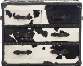 Comodă cu 4 sertare, tip cufăr, din piele naturală cu păr și lemn de stejar, alb și negru, cu colțare din metal, 80 x 100 x 50 cm, „Cow”