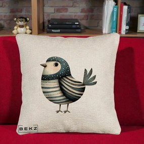 Perna Decorativa Pasare Teal Decorativa Dungata, 40x40 cm, Bej Canapea, Husa Detasabila, Perna Inclusa, BEKZ®