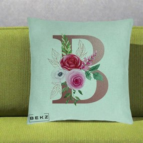 Cadou Personalizat - Perna Personalizata Monograma Rose Gold Litera B, 40x40 cm, Verde Menta, Husa Detasabila, Perna Inclusa, BEKZ®