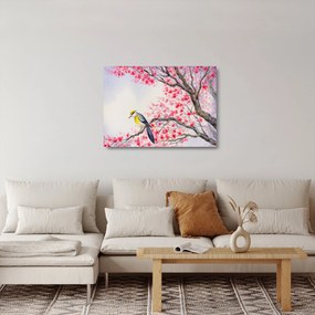 Tablou pe sticlă - Pasăre pe un copac cu flori roșii (70x50 cm)