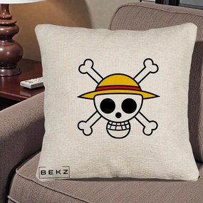 Perna Personalizata One Piece Jolly Roger Straw Hat Pirates, 40x40 cm, Bej Canapea, Husa Detasabila, Perna Inclusa, BEKZ®
