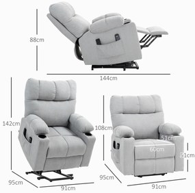 HOMCOM Fotoliu pentru seniori cu funcție de ridicare, funcție de culcare, incl. telecomandă, 144 cm x 91 cm x 88 cm, Gri deschis | Aosom Romania