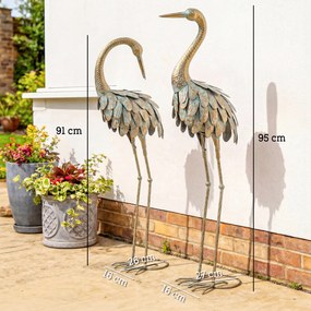 Outsunny Set de 2 statui de grădină, sculptură de stârc din metal, statui de păsări 91/95cm, pentru curte, iaz, terasă, auriu/albastru | Aosom Romania